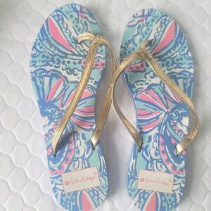 Lilly Pulitzer For Target   Flip Flops Size 7 Gold Straps Pink Blue